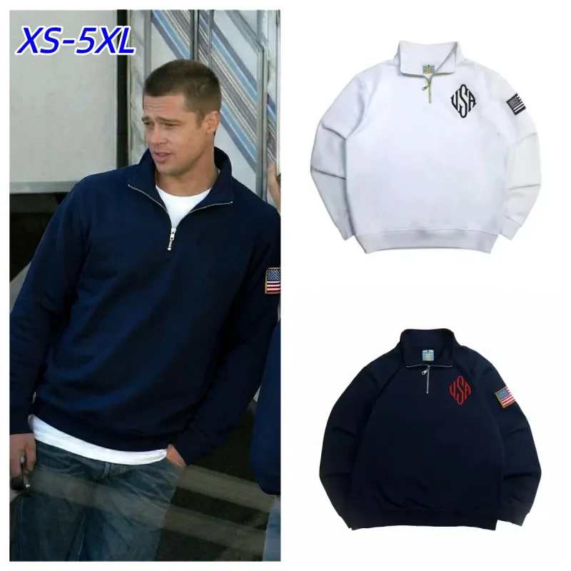 Pitt Y2K Retro Sweatshirt Lengan Sulaman Bendera AS Kolar Pendirian Quarterzip Pullover Niche Pakaian Jalanan Atasan Bersaiz Besar Uniseks — image 3