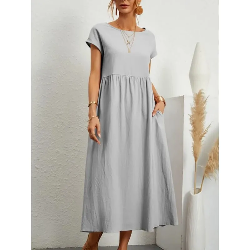 Gaun Linen Kapas Pepejal Premium yang Elegan Midi Musim Panas dengan Poket Longgar Leher Krew Kasual Lengan Pendek untuk Perjalanan Pantai — image 9
