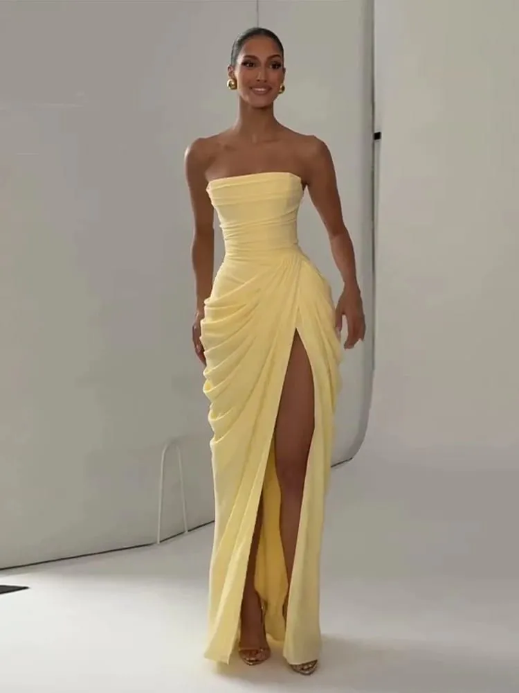 Seksi Pepejal Pleated Strapless Dress Wanita Chic Off-shoulder Backless High Waist Split Dresses Wanita 2026 Baharu Gaun Pesta Petang — image 5