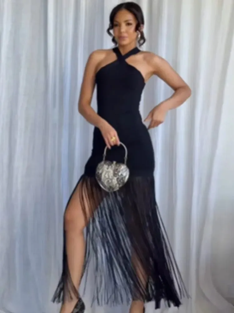 Women Tassel Patchwork Halter Maxi Dress Chic Solid Sleeveless Off-shoulder Slim Slit Dresses Fashion Lady Vacation Party Gowns — image 6