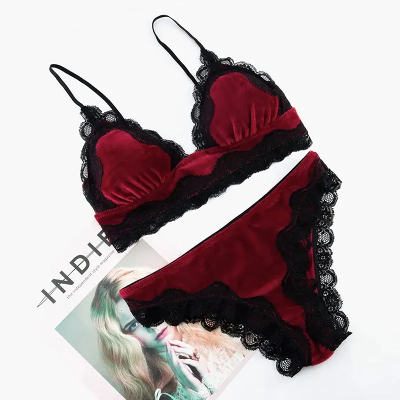 Solido Comodo Velluto Lingerie Per Le Donne Pizzo Floreale Riunito Reggiseni E Perizoma Set 2 Pezzi Seducente Lingerie Sexy Indumenti Da Notte Pigiama Set — image 4