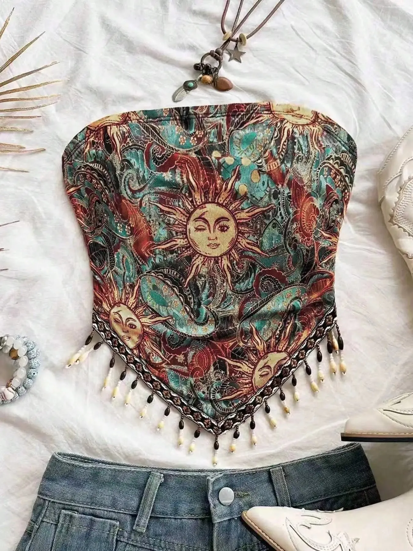 Haut tubulaire tricoté en maille imprimée pour femme, 1 pièce, avec ourlet triangulaire et garnitures à franges perlées