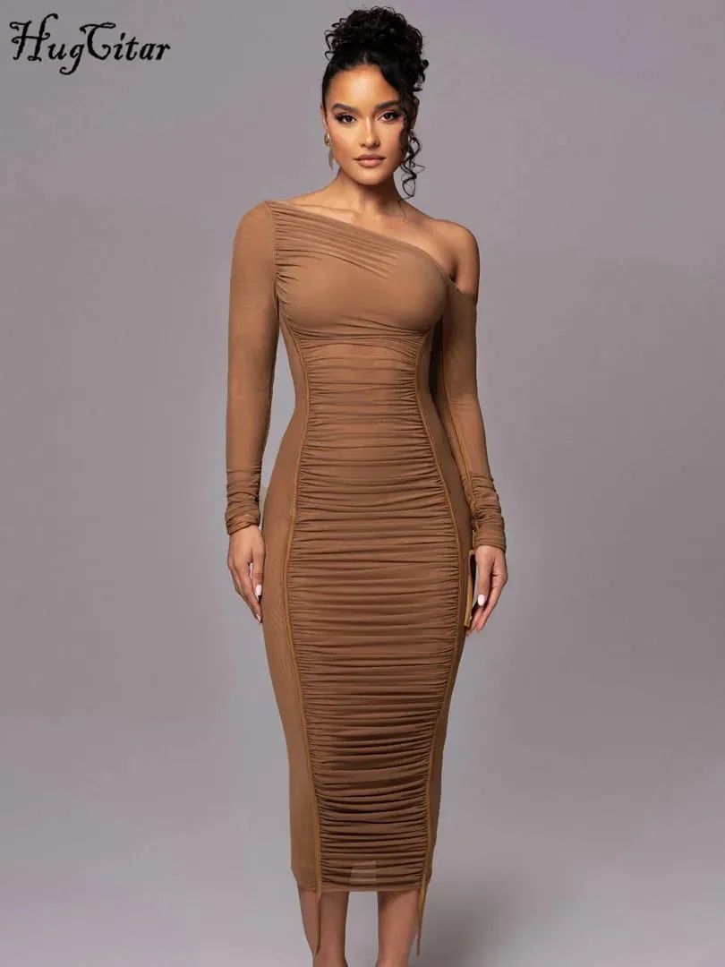 Gaun Maxi Bodycon Tembus Pandang Seksi Terbungkus Lengan Panjang Kerah Diagonal Solid Jaring Hugcitar Pakaian Fashion Musim Panas Klub Festival — image 4