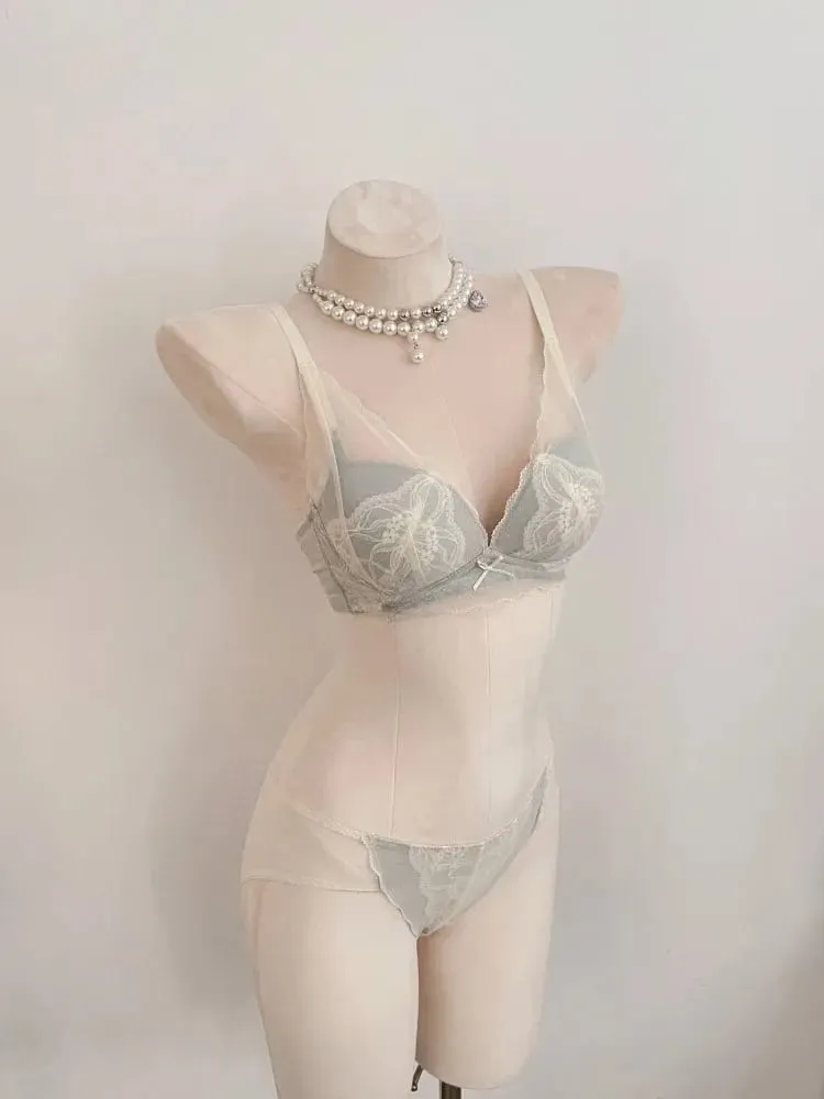 Set reggiseno senza fili in pizzo morbido stile francese da donna push up seno piccolo sollevamento coppa piena set di lingerie comfort regolabile sexy da indossare ogni giorno — image 1