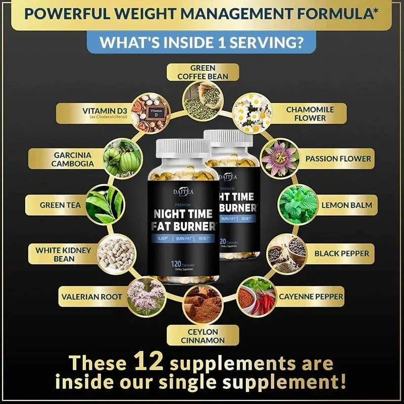 Daitea Night Fat Burning Supplement - with Vitamin D3 Green Coffee Beans Green Tea Natural Plants - Sleep & Weight Management — image 3