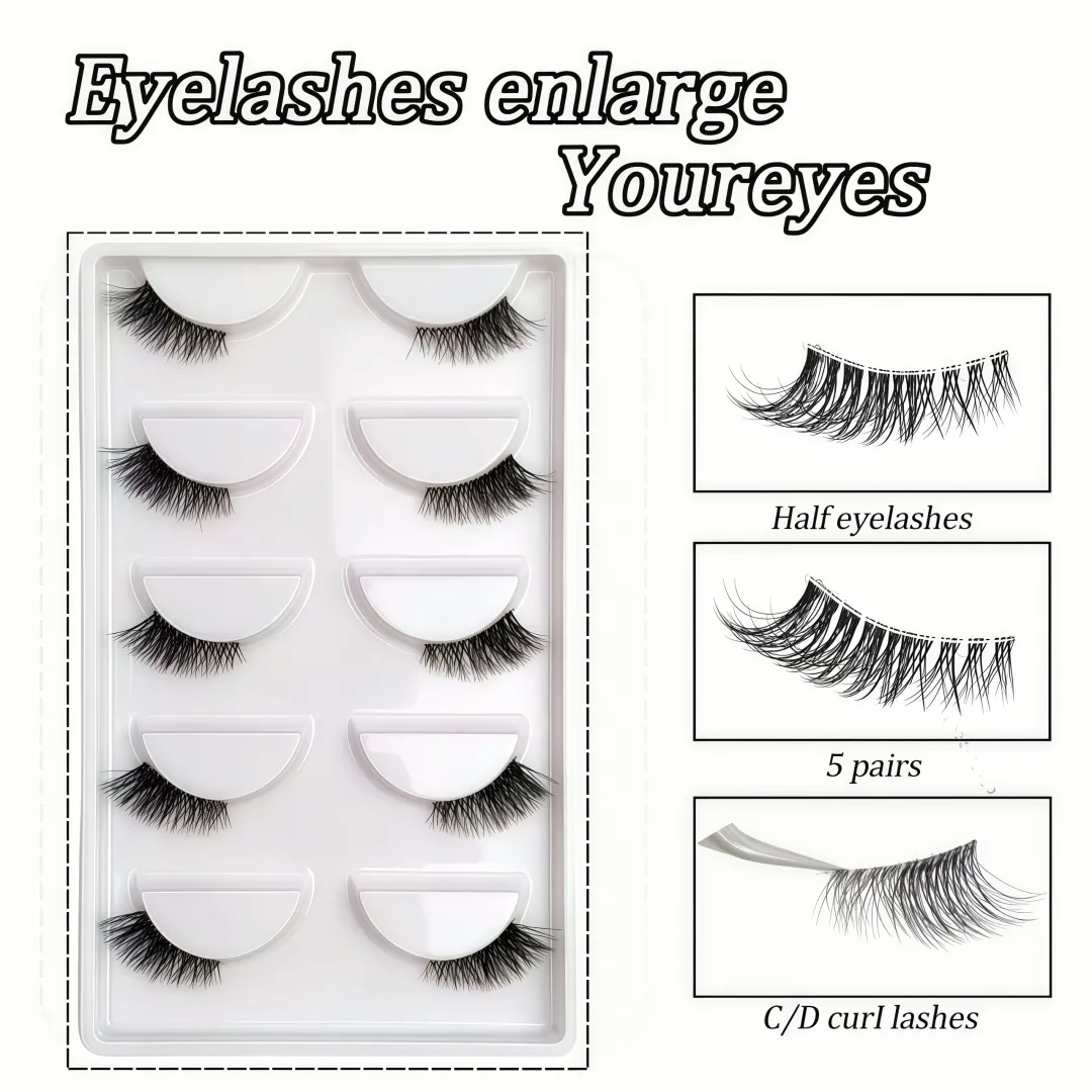 Umělé řasy Fox Eye & Cat Half Falešné řasy 5 párů Natural C/D Curl Transparent Band Lashes Měkký balíček řas pro začátečníky pro Stunn — image 6