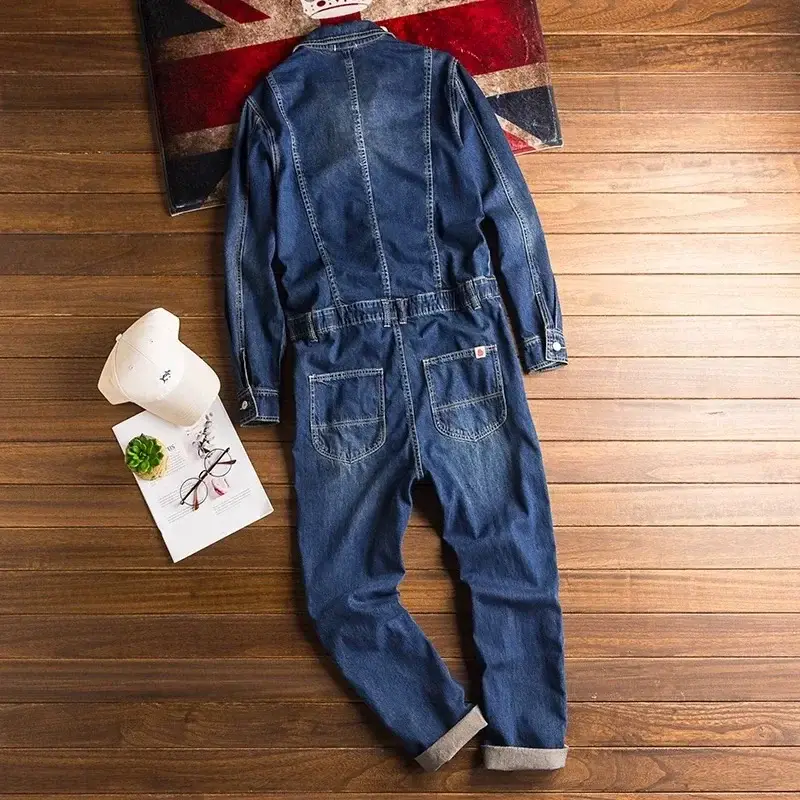 Denim Jumpsuits Loose Pockets Long Sleeve Overalls Lapel Collar Pockets Cargo Jeans for Men — image 1