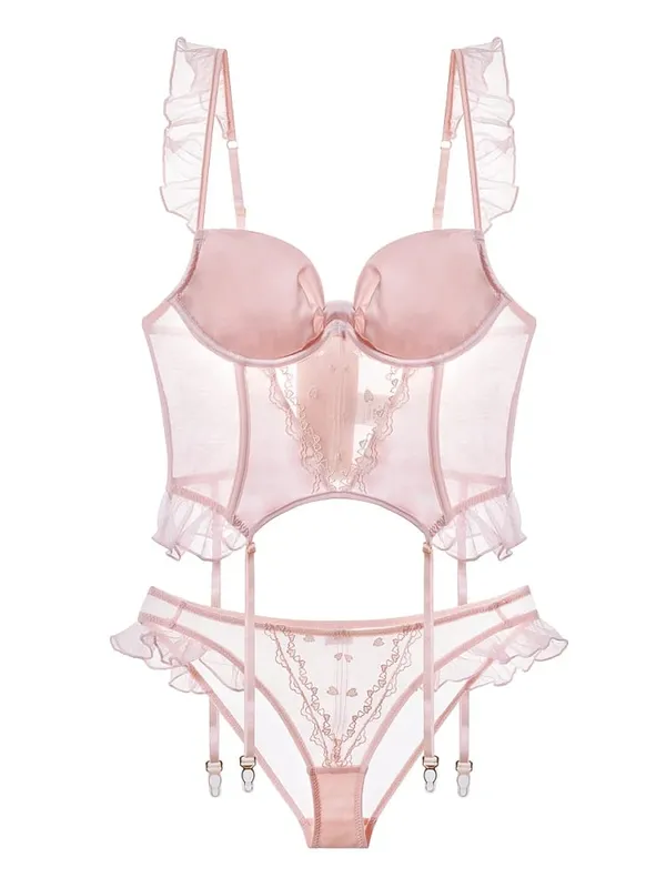 Ensemble de Lingerie Corset en arête de poisson rose avec coussinet de poitrine, soutien-gorge à Double bretelles fixes pour femmes, costume avec sous-vêtements
