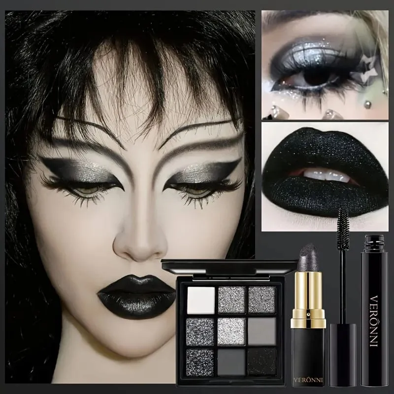 5pcs Halloween Dark Special Effects Makeup Set White Foundation Black Eyeshadow Black Lipstick Mascara & Makeup Brush for Party — image 4