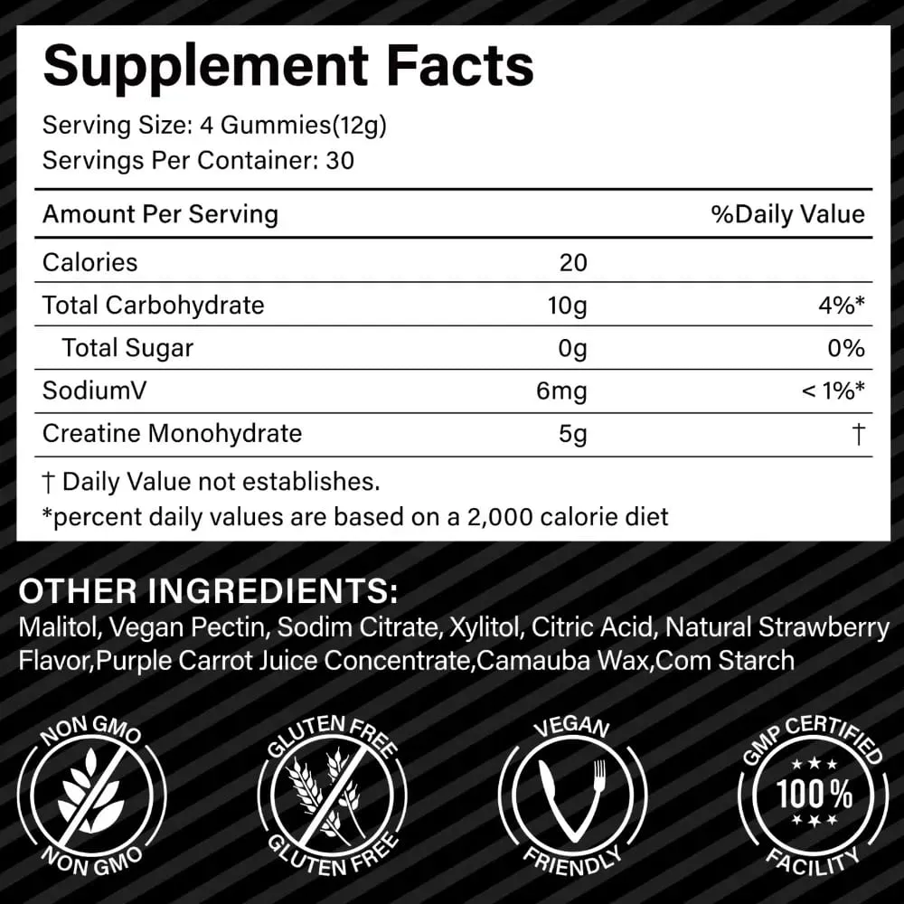 Creatine Monohydrate Gummies 5000mg untuk Pemulihan Kekuatan Otot & Meningkatkan Tenaga Pra-Senaman Strawberi Vegan Tanpa Gula 120 Ct — image 3