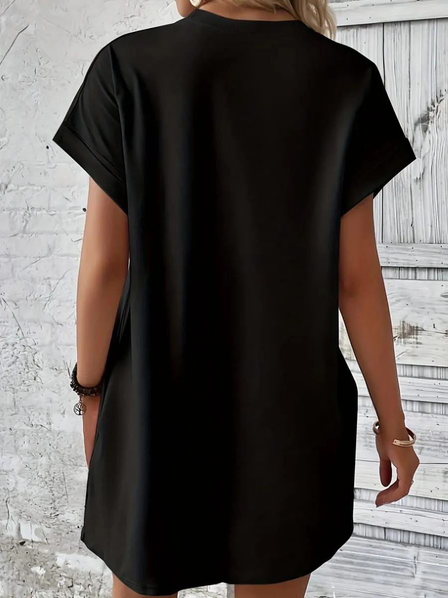 Damen-Sommerkleid mit lockerem Sonne-Mond-Planeten-Muster, bedruckt, Rundhalsausschnitt, kurze Ärmel, Tasche, bequemes, lässiges Kleid in Übergröße — image 3