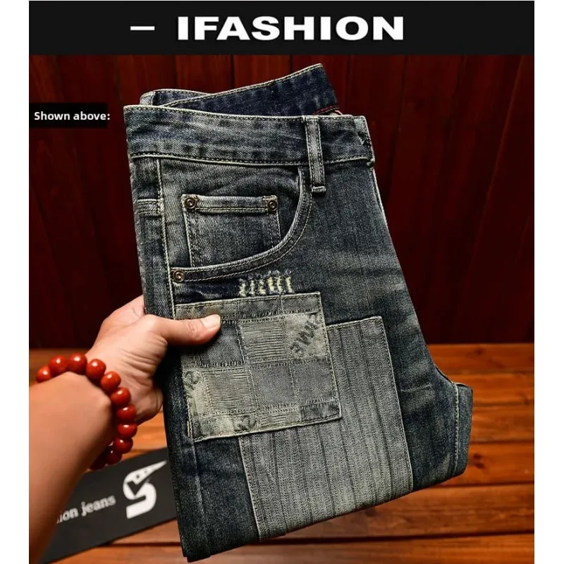 Retro og nostalgisk patchwork-design jeans til mænd trendy og moderigtigt street herretøj slim fit small fod lange bukser — image 5