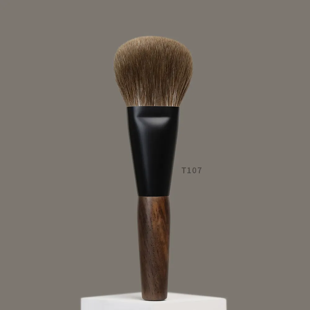 T107 Professional Handmade Makeup Brushes Natural Goat Hair Flat Round Face Powder Brush Short Ebony Wood Handle Make Up Brush — image 2
