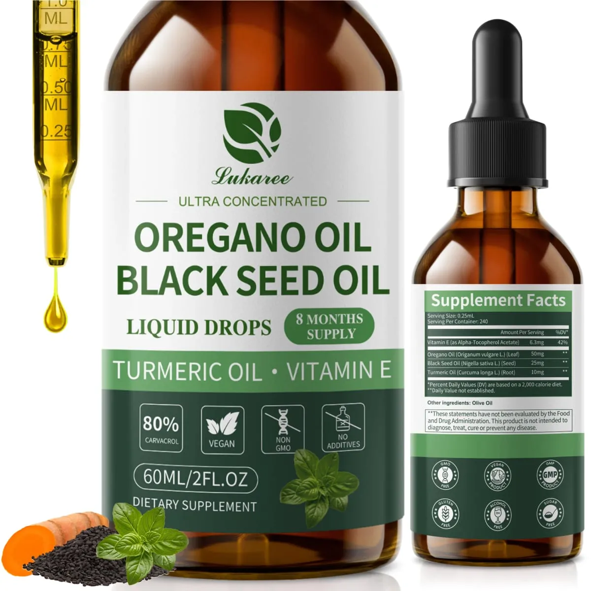 Lukaree 60ML Orgainc Oregano Oil Drop Support Sistem Imun Pernafasan Sokongan Kesihatan Penghadaman dan Keseimbangan Usus — image 1