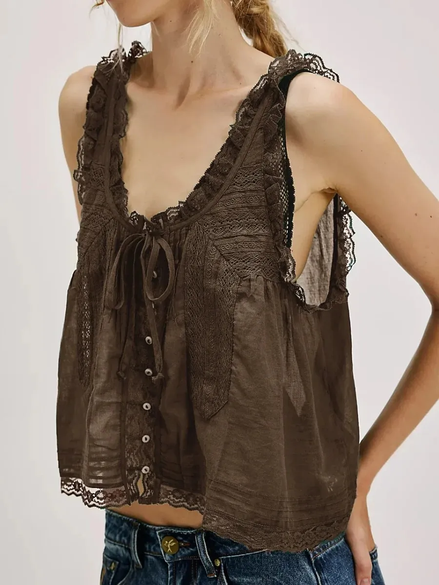 Y2Kปุ่มขึ้นลูกไม้Trim Patchwork Cami TopsหลวมFitรอบคอเสื้อกั๊กแขนกุดOutwear Gilet Crop Tank Topsสำหรับผู้หญิง — image 13