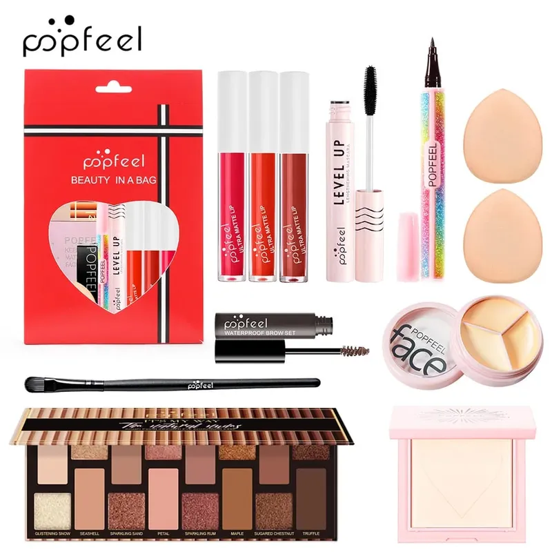 Dárková sada na make-up All-in-One s paletou očních stínů Foundation Lip Gloss štětce na oční linky a další kosmetické dárky