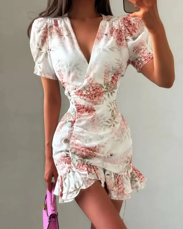 Abito corto sottile con stampa volant chic Abito corto corto con patchwork chic Maniche svasate con scollo a V Abiti pieghettati 2026 Abiti casual estivi da donna — image 11