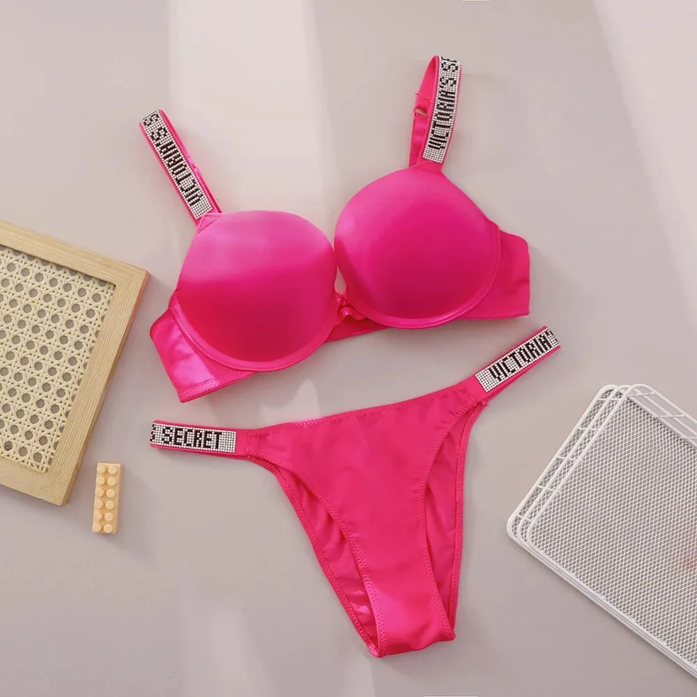 Victoria Secret Shine Script Perizoma Mutandine Molto sexy Logo Shine Strap Reggiseno push up Set Lingerie sexy da donna Hot — image 10