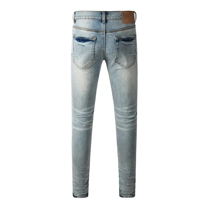 Men's Washed Distressed Skinny Ripped Jeans Light Blue Rhinestone Decor Button Fly High Street Style — image 2