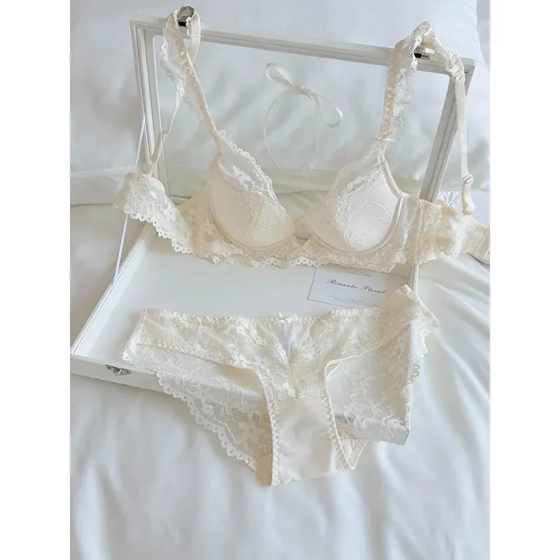 French Flutter Sleeve Blonde Dame BH Sæt Blødt bøjle Tyndt Åndbar Sexet Minimizer Beauty Back Lingeri 32‑38 AB — image 4