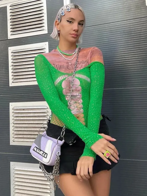 ดูผ่าน Sparkly ตาข่ายบอดี้สูทผู้หญิงแขนยาว Rhinestone Body Tops เจาะร้อนหญิงปาร์ตี้ไนท์คลับเซ็กซี่ชุดชั้นใน — image 11