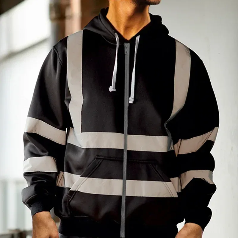 Sudaderas con capucha reflectantes de seguridad para el trabajo para hombre, chaqueta holgada con cordón y cremallera, Jersey fino de lana con capucha, abrigo, sudadera de trabajo informal — image 11