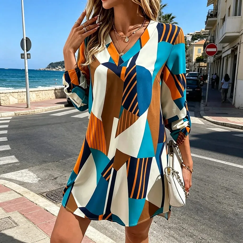 Robe à manches longues et col en v, Mini robe ample à motif géométrique imprimé, tenue de plage décontractée, courte, été — image 2