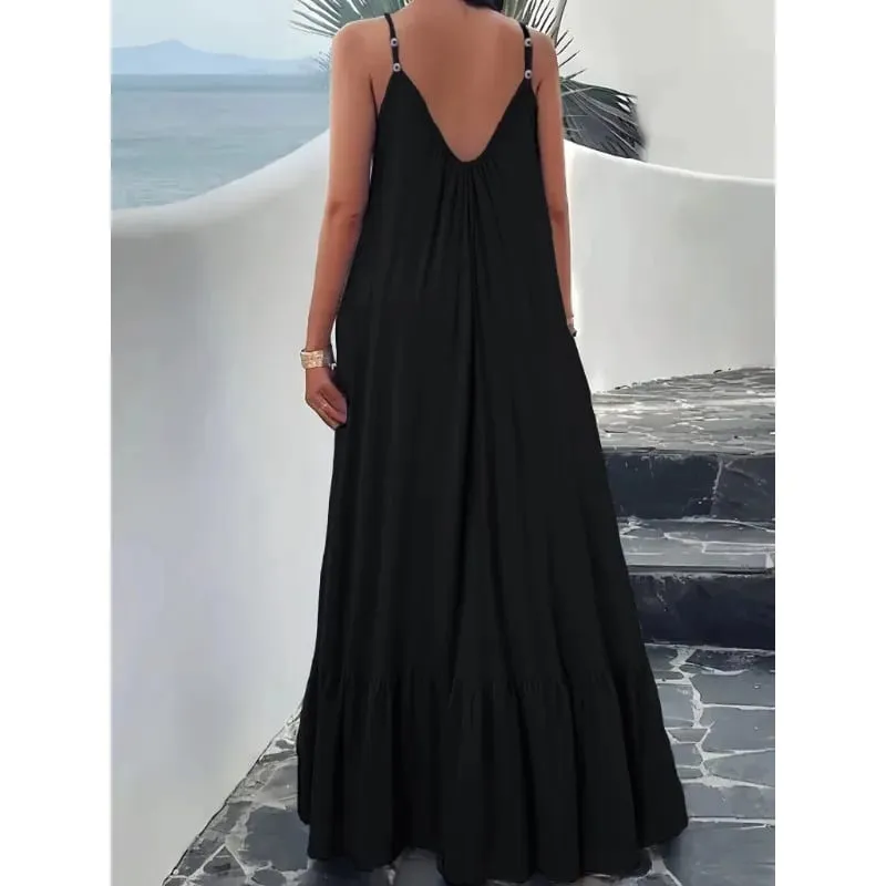 Robes d'été 2026 nouvelle couleur unie Spaghetti sangle Maxi robe femmes col en V pour plage fête Resort tenue quotidienne assortie — image 4