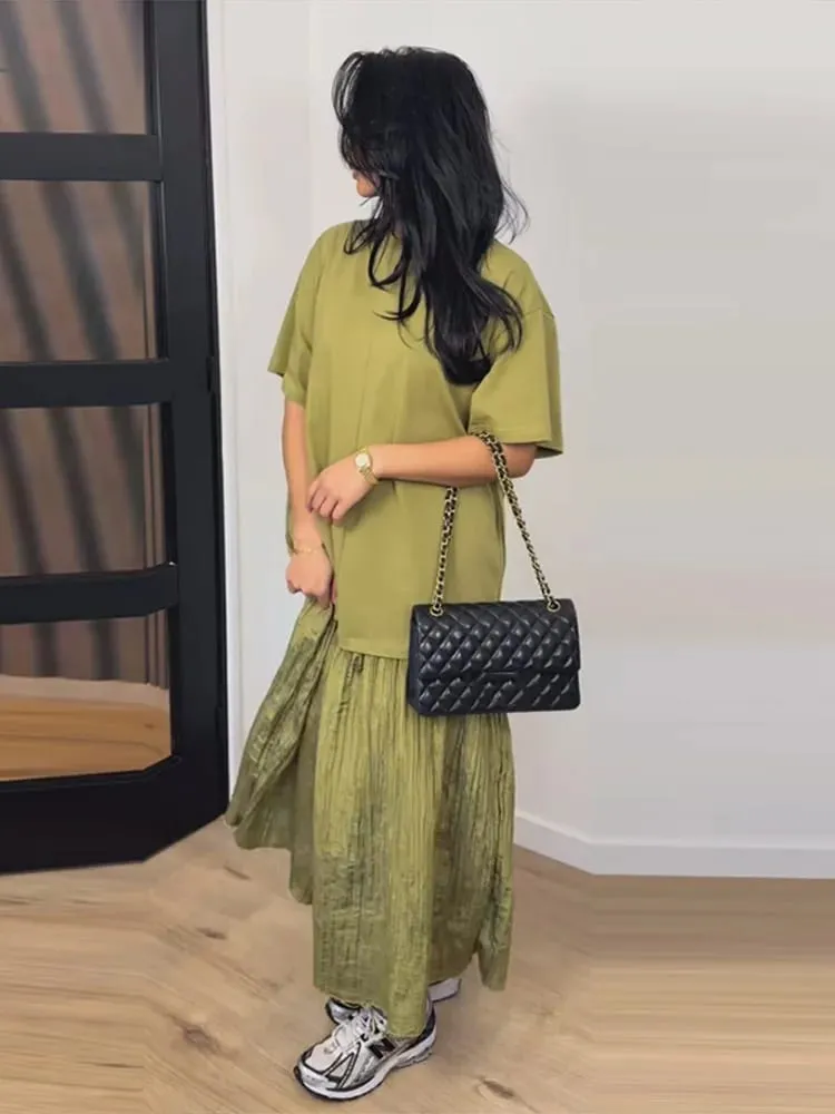 Patchwork z krótkim rękawem długa, obszerna sukienka damska elegancka, dekolt w kształcie litery "o", plisowana luźna impreza wieczorowa suknie letnia w stylu Casual, damska Vestidos — image 6