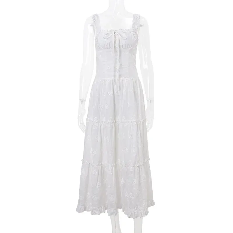 Y2K Elegant Square-คอชุดMaxiสีขาวฤดูร้อนSlim Lace Up Dresesภาษาฝรั่งเศสคำปาร์ตี้Beachwear Casual Vestidos — image 6
