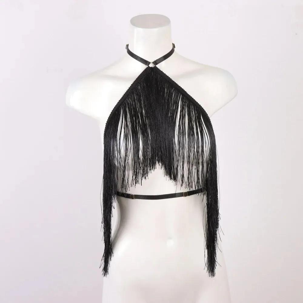 Haut à licou noir à pampilles pour femmes, harnais élastique réglable, vêtements toutes saisons, tenue décontractée, haut avec détails à pampilles