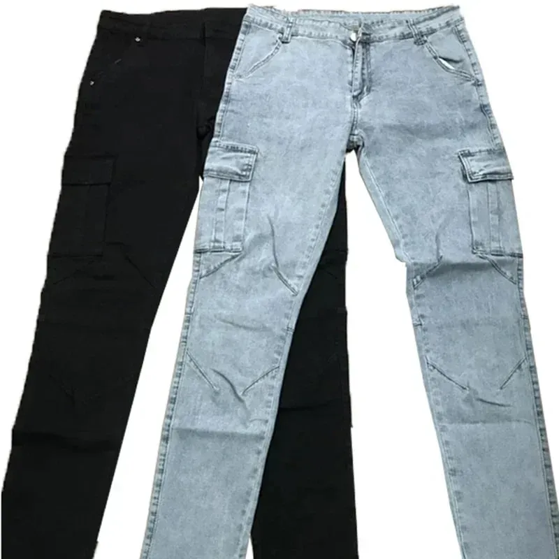 Männer Casual Bleistift Jeans Männlichen Elastische Multi Tasche Kleine Dünne High Street Denim Hosen Waschen Einfarbig Mittlere Taille Cargo-Jeans — image 6