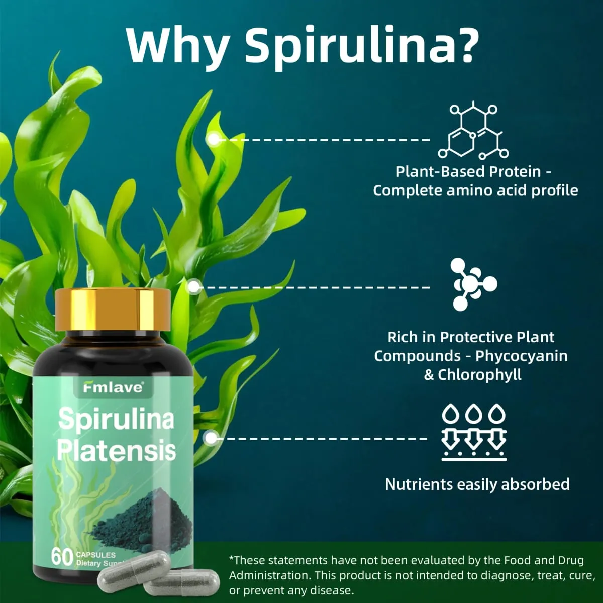 Fmlave Supplements Spirulina Orgânica - Suplemento de superalimento de algas verdes azuis rico em proteínas para energia e suporte imunológico 60 cápsulas vegetarianas — image 3