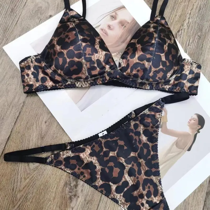 Dreieck-Cup, dünn gefüttert, glatter Satin-BH und Zangen-Sets, Unterwäsche, Leopard, kabellos, nahtlos, sexy Dessous, Damen-Dessous — image 3
