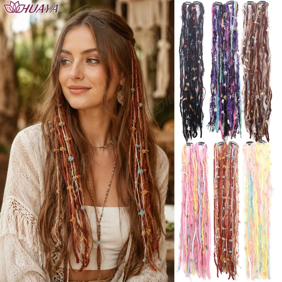 Synthetic Colorful Clip-in Hair Extensions Boho Yarn Dreadlock Braids Festival Party Hair Accessories for Women — image 2