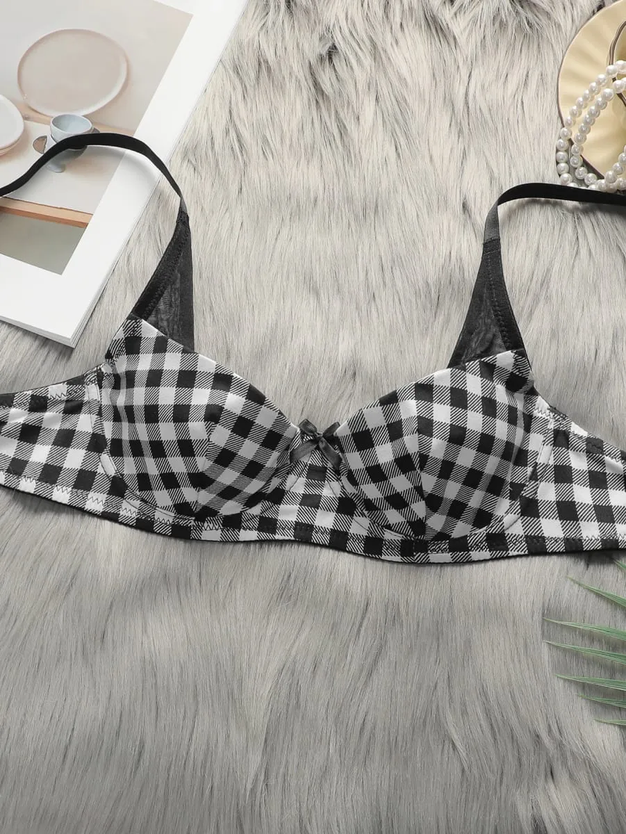 Women's lingerie set with black and white checkered pattern and steel ring gathering push up sexy bra set B1121 — image 3