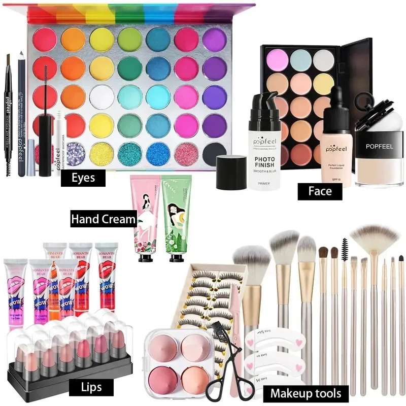 Dárková sada na make-up All-in-One s paletou očních stínů Foundation Lip Gloss štětce na oční linky a další kosmetické dárky