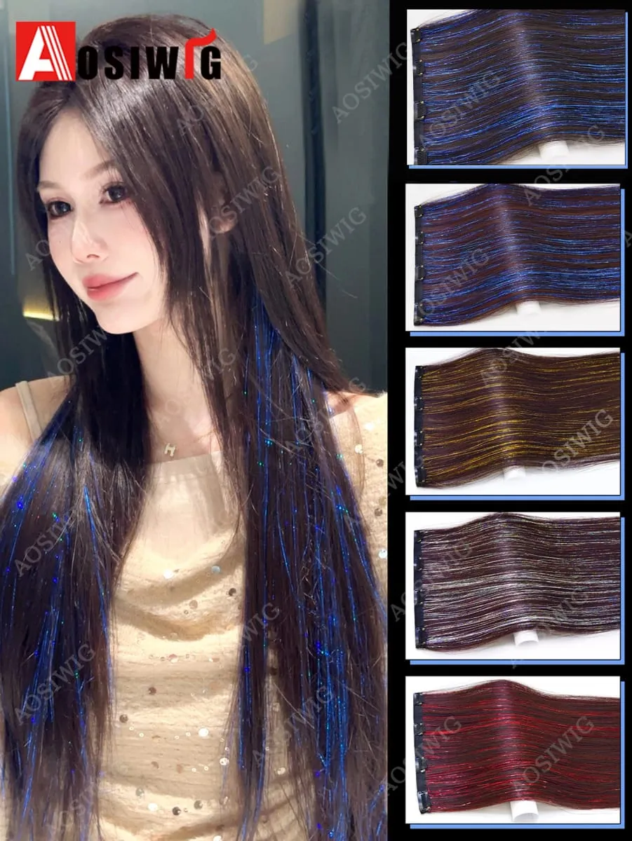 Blaue Glitzer-Lametta-Clip-in-Haarverlängerungen, einteiliges, glattes synthetisches Haarteil mit glitzernden Strähnen für Frauen, Partys und den Alltag — image 2