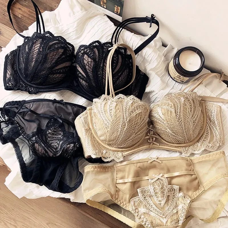 Seksi Nakış Dantel Kabuk Yarım Fincan Küçük Göğüsler Push Up Sütyen Seti Kalınlaşmak Ayarlanabilir Ped Sütyen Külot Kız Iç Çamaşırı