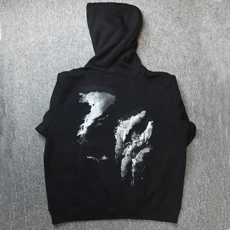 Japanese Style Men's Pullover Hoodies Sweatshirts Autumn Landscape Painting Print Heavyweight Thicken Hooded Outdoor Sportswear — image 1