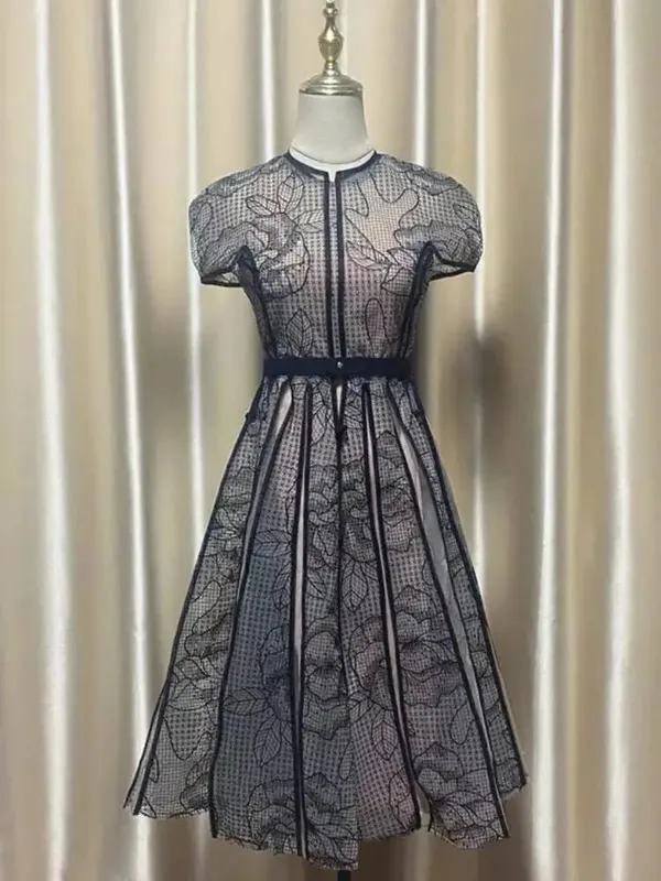 Elegant Dress O-neck Embroidery Gauze Patchwork A-line Solid Women's Evening Party Dresses 2026 Spring New Fashion 35Z927
