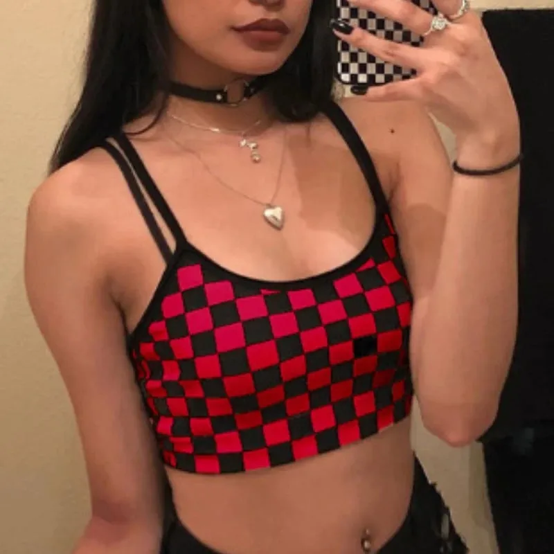 Noir rouge Plaid damier débardeur licou femmes nu ventre culture hauts Camis mode bustier tubulaire femme sans manches recadrée gilet — image 1