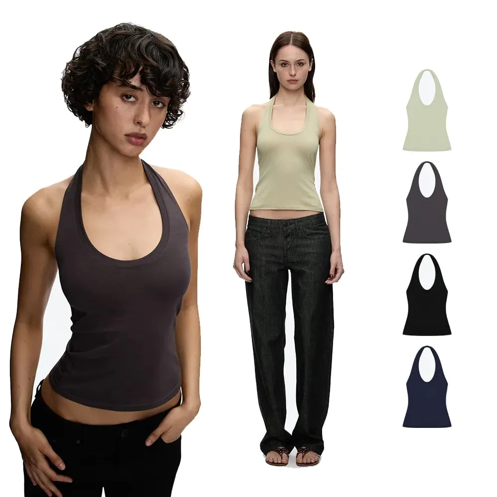 Tank Top na ramiączkach typu halter Wysoka elastyczność Slim Fit Top bez pleców Dekolt w kształcie litery U Wiązany na szyi Top na ramiączkach Slim Fit Wszechstronna odzież wierzchnia Koszula bazowa Spicy Girl Style Top bez rękawów — image 2
