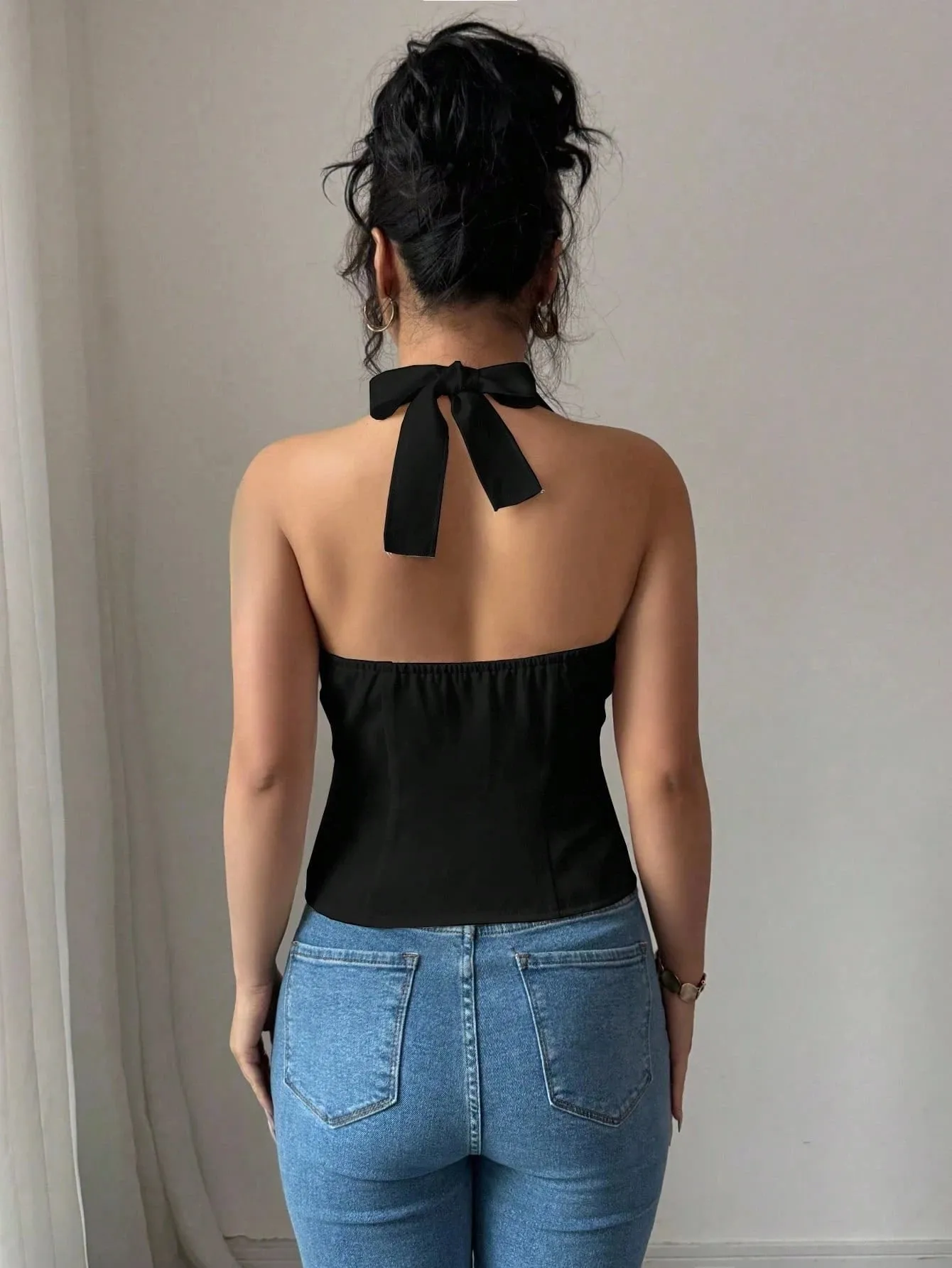 ผู้หญิงสีทึบลำลองปุ่ม-Up Halter Top Tank Vest One PieceสบายBreathableแฟชั่นฤดูร้อนสวมใส่ — image 3