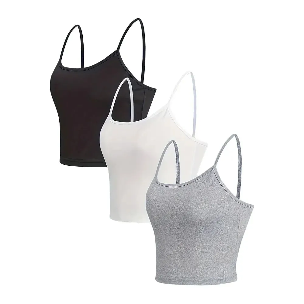 3 Pack Solid Color Cami Top Versatile Slim Backless Spaghetti Strap Top Para sa Pambabaeng Damit ng Tag-init