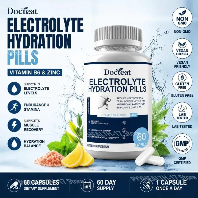 Kapsul Hidrasi Elektrolit dengan Vitamin B6 & Seng untuk Daya Tahan Hidrasi & Dukungan Pemulihan Otot 60 Kapsul