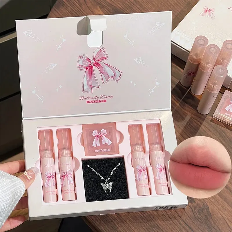 KUNSTVÆRDI 6 stk Makeup Sæt inkluderer 4 stk Velvet Nude mat flydende læbestift og 1 stk ansigts blush palette med halskæde gave kosmetik — image 3