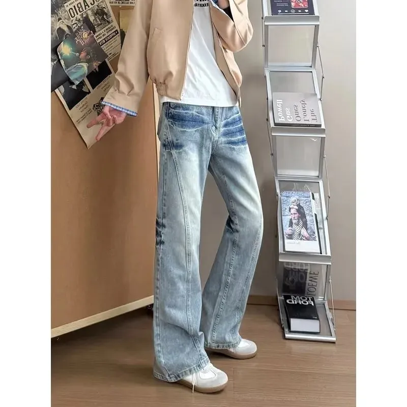 Herren-Denim-Jeans mit Blitzmuster, High Street-Stil, Frühlingsblau, lockere Passform, ausgestellte Hose, Y2K-koreanische Mode, große Größe