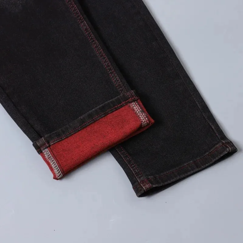 Jeans elasticizzati neri da uomo per pantaloni in denim primaverili e autunnali con dettagli strappati rossi, taglie asiatiche 28-42. — image 5