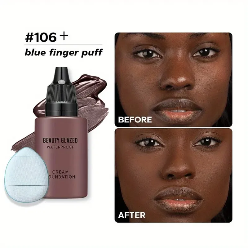 Alas Bedak + Puff Baru 2024 Alas Bedak Cakupan Penuh Matte Cair Alas Bedak Alami Matte Tahan Air dengan Puff Jempol Biru